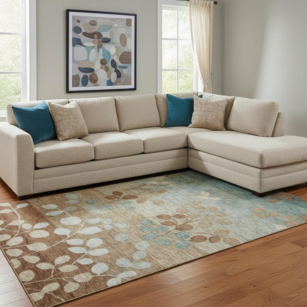 HomeRoots 9' X 12' Washable Coffee & Gray Floral Area Rug with UV Protection – Stylish, Durable, Easy Care! 707502