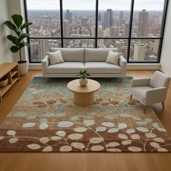 HomeRoots 9' X 12' Washable Coffee & Gray Floral Area Rug with UV Protection – Stylish, Durable, Easy Care! 707502