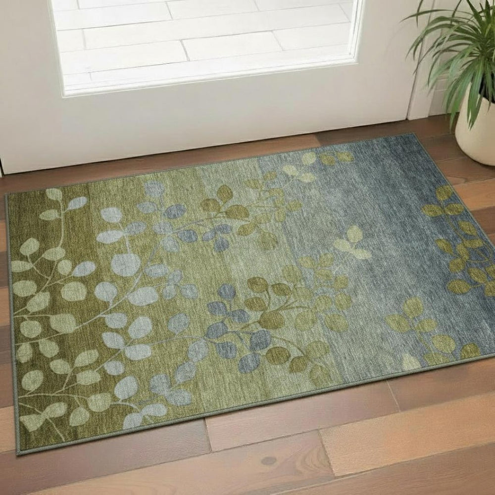 HomeRoots 5' X 8' Olive Green & Gray Floral Area Rug - Washable, UV-Protected, Stain-Resistant for Homes 707505
