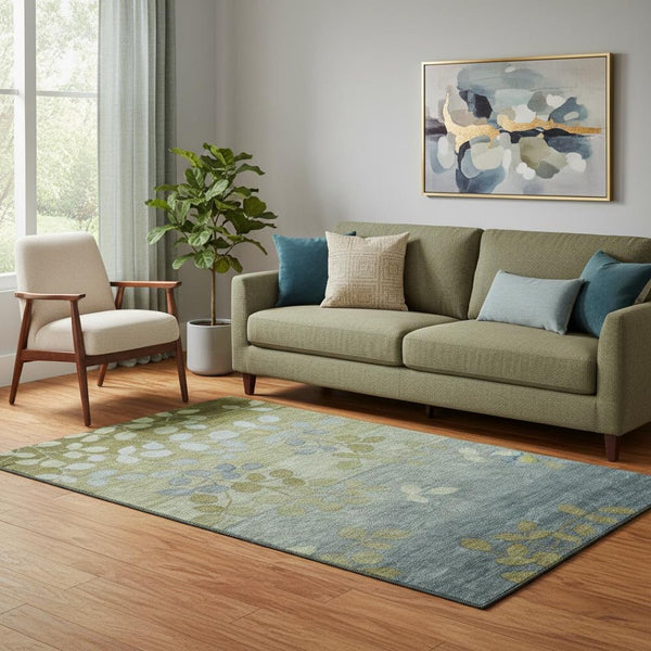 HomeRoots 8' Elegant Olive Green and Gray Floral Round Rug - Washable, UV Protected, Ideal for Any Space! 707506