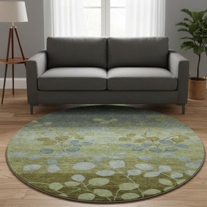 HomeRoots 8' X 10' Olive Green & Gray Floral Washable Area Rug with UV Protection for Modern Living Spaces 707507