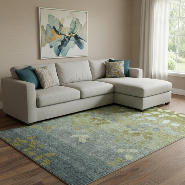 HomeRoots 9' X 12' Floral Area Rug in Olive Green & Gray – Stylish, Washable, UV-Protected, Stain-Resistant Design 707508