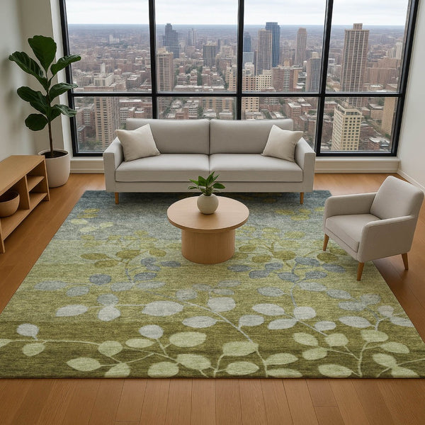 HomeRoots 10' Olive Green & Gray Floral Area Rug - Washable, UV Protected, Durable for Living Spaces & Playrooms 707509