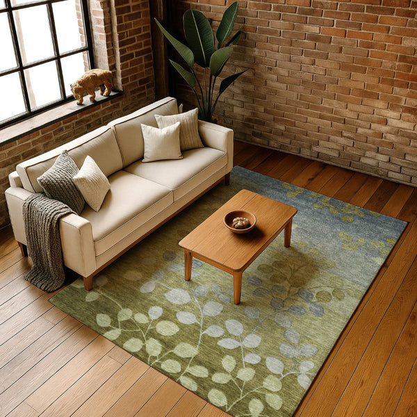 HomeRoots 10' Olive Green & Gray Floral Area Rug - Washable, UV Protected, Durable for Living Spaces & Playrooms 707509