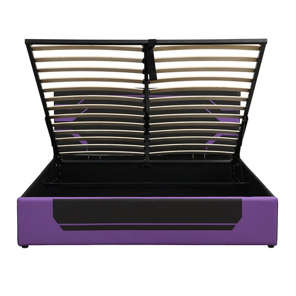 English Elm Modern Cyberpunk Queen Platform Bed Hydraulic Storage Pu Upholstered Gaming Frame Purple+Black SF000205AAI