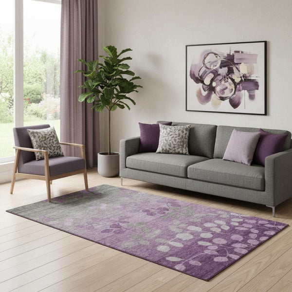 HomeRoots 8' Purple and Gray Floral Washable Round Rug - Durable, Stain-Resistant, UV Protected & Soft! 707512