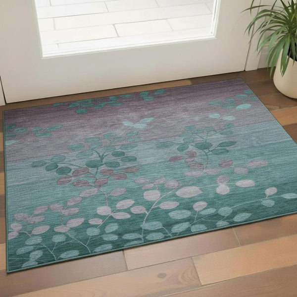 HomeRoots 5' X 8' Teal & Gray Floral Area Rug - Washable, Stain Resistant, UV Protected for Homes with Pets 707517