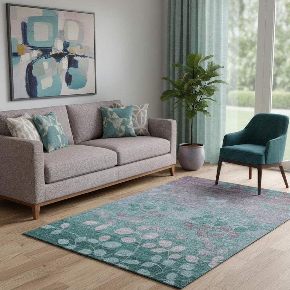 HomeRoots 8' Teal and Gray Floral Washable Round Rug - Durable, UV Protected, Ideal for Homes with Kids & Pets 707518