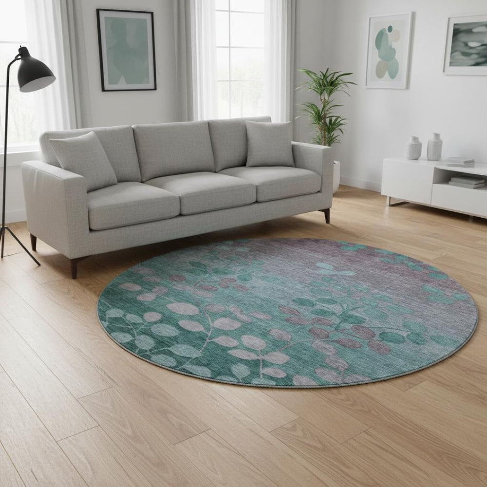 HomeRoots 8' X 10' Stylish Teal and Gray Floral Washable Area Rug with UV Protection for Modern Living Spaces 707519