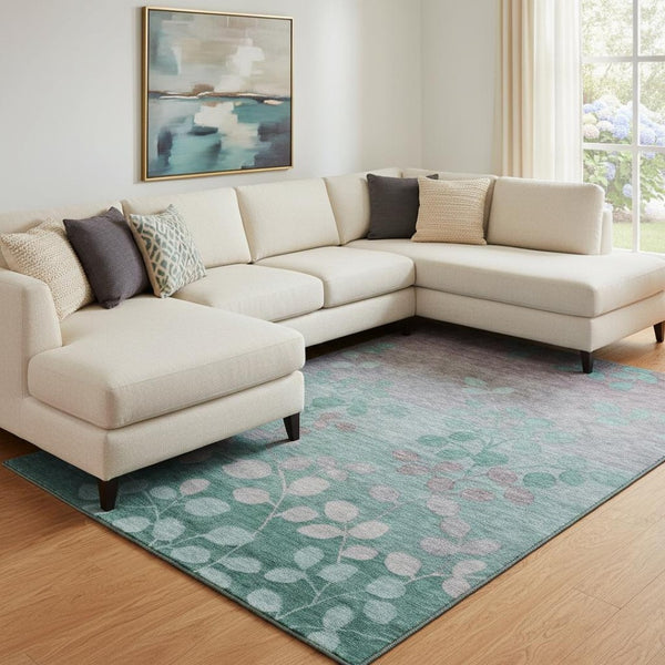 HomeRoots 9' X 12' Teal & Gray Floral Washable Area Rug with UV Protection - Durable, Stain Resistant & Stylish! 707520
