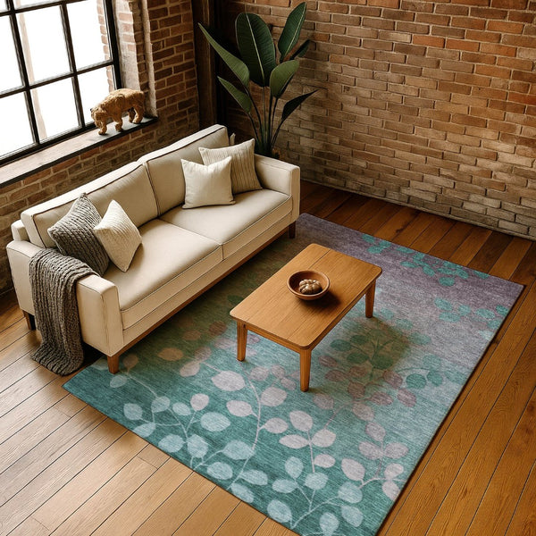 HomeRoots 9' X 12' Teal & Gray Floral Washable Area Rug with UV Protection - Durable, Stain Resistant & Stylish! 707520