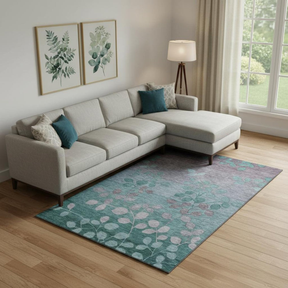 HomeRoots 10' X 14' Teal and Gray Floral Area Rug - Washable, UV-Protected, Kid & Pet-Friendly Design for Homes 707521