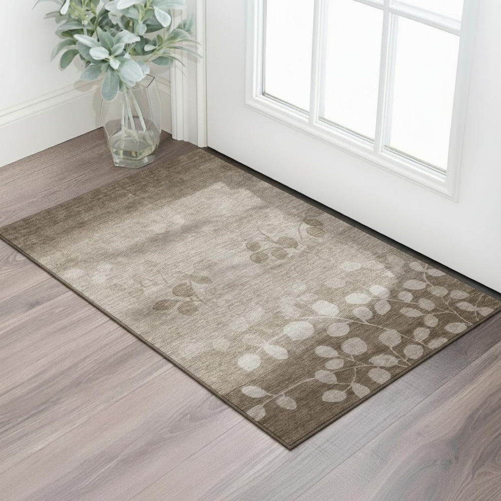 HomeRoots 5' X 8' Floral Washable Area Rug in Taupe & Beige - Durable, UV Protected, Ideal for Busy Homes 707523