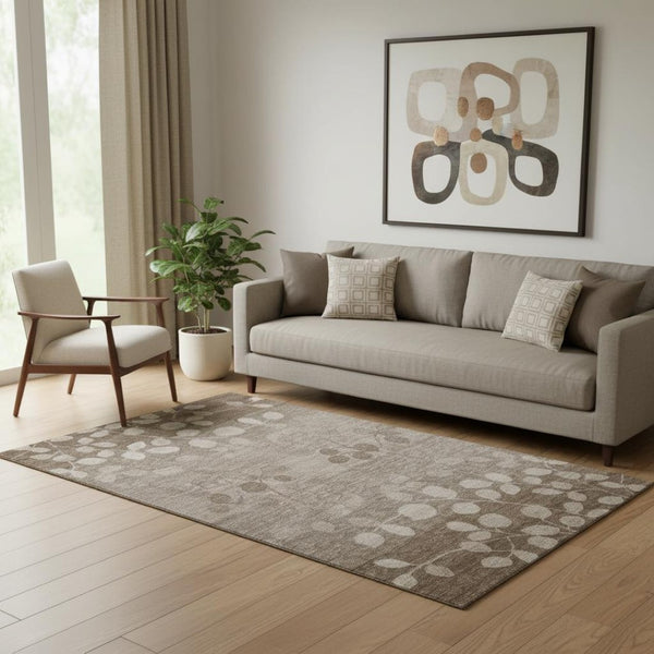 HomeRoots 8' Washable Taupe and Beige Floral Round Rug with UV Protection – Durable, Stain-Resistant, Non-Slip Design 707524