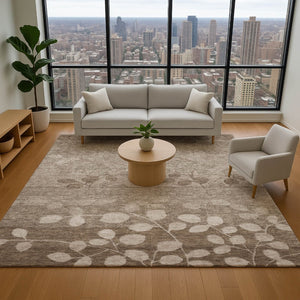 HomeRoots 10' X 14' Floral Washable Area Rug in Taupe and Beige - Durable, UV-Protected for Busy Homes! 707527