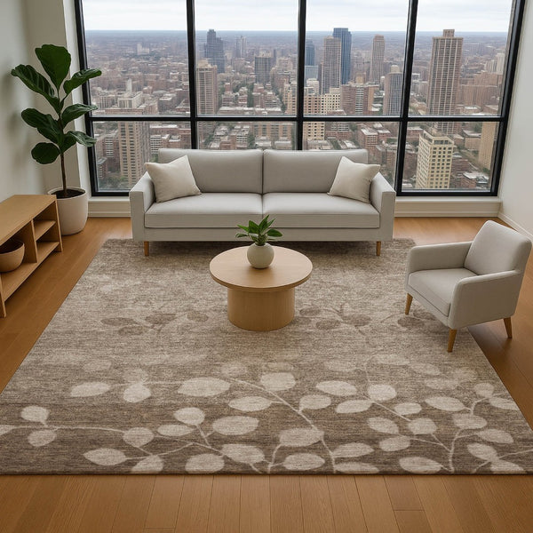 HomeRoots 10' X 14' Floral Washable Area Rug in Taupe and Beige - Durable, UV-Protected for Busy Homes! 707527