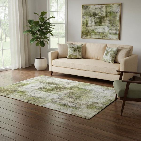 HomeRoots 8' Stylish Artichoke Green & Ivory Abstract Washable Round Rug – UV Protected, Stain-Resistant Comfort 707530