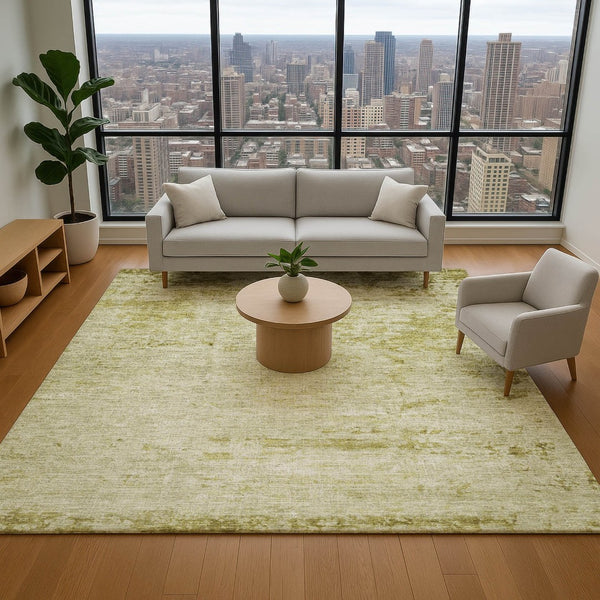 HomeRoots 8' Stylish Artichoke Green & Ivory Abstract Washable Round Rug – UV Protected, Stain-Resistant Comfort 707530