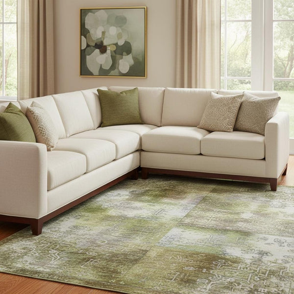 HomeRoots 9' X 12' Artichoke Green Abstract Washable Area Rug with UV Protection for Modern Living Spaces 707532
