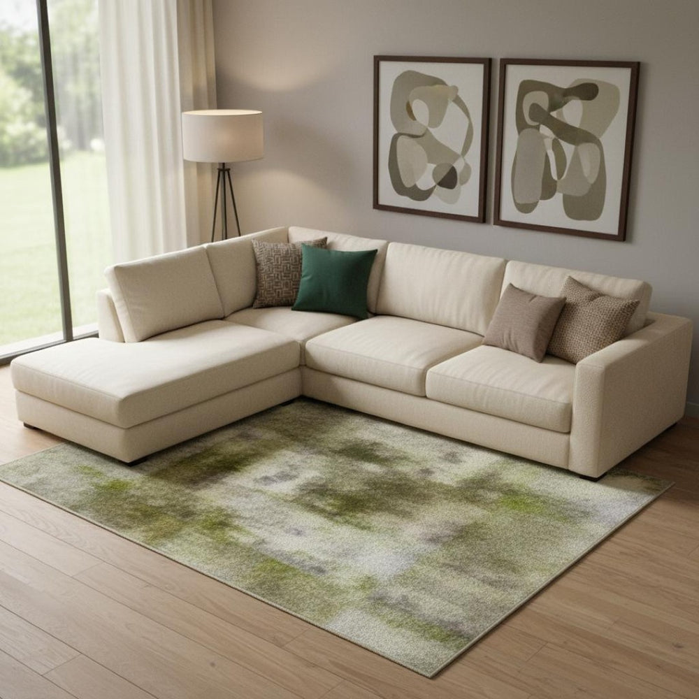 HomeRoots 10' X 14' Artichoke Green & Ivory Abstract Washable Area Rug - UV Protected, Family-Friendly Design 707533