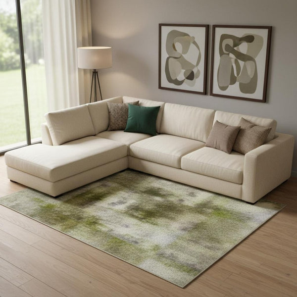 HomeRoots 10' X 14' Artichoke Green & Ivory Abstract Washable Area Rug - UV Protected, Family-Friendly Design 707533