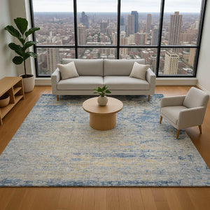 HomeRoots 5' X 8' Navy Blue & Beige Abstract Washable Area Rug - UV Protected, Stain Resistant, Modern Style 707535