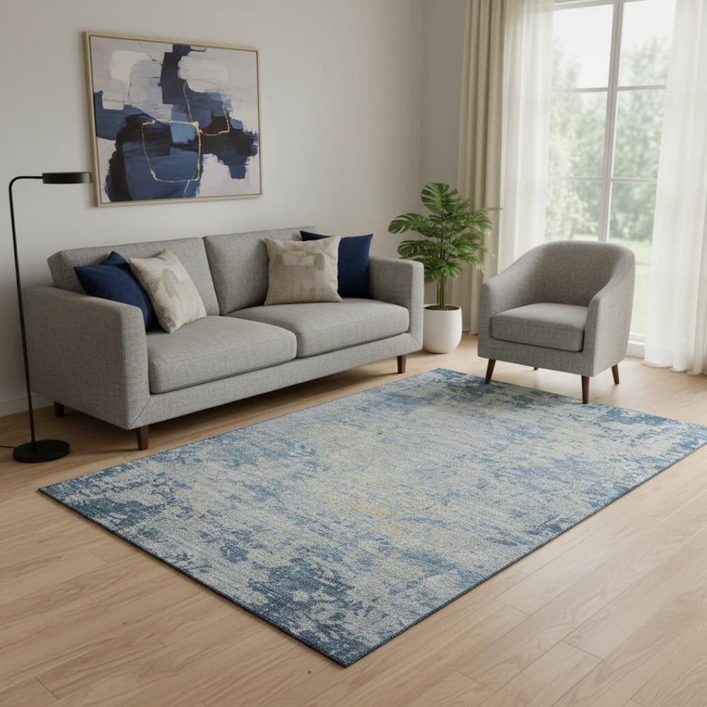 HomeRoots 8' Navy Blue and Beige Abstract Washable Round Rug - Durable, UV-Protected, Modern Design for Every Space 707536
