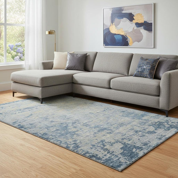 HomeRoots 9' X 12' Navy Blue & Beige Abstract Area Rug - Washable, UV Protected, Stain Resistant for Busy Homes 707538