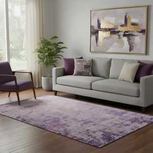 HomeRoots 8' Modern Purple and Beige Abstract Washable Round Rug with UV Protection for Stylish Durability 707542