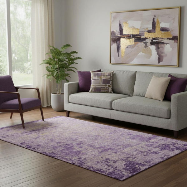HomeRoots 8' Modern Purple and Beige Abstract Washable Round Rug with UV Protection for Stylish Durability 707542