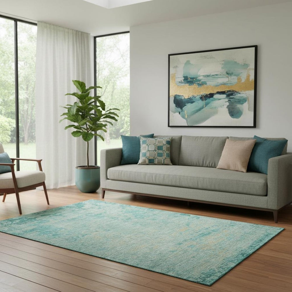 HomeRoots 8' Teal And Beige Abstract Round Rug – Washable, UV Protected, Stain-Resistant for Modern Spaces 707548