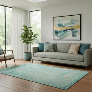 HomeRoots 8' Teal And Beige Abstract Round Rug – Washable, UV Protected, Stain-Resistant for Modern Spaces 707548
