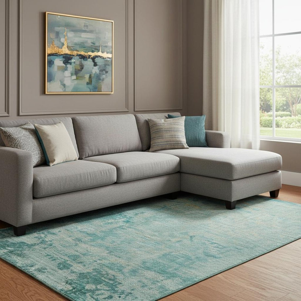 HomeRoots 9' X 12' Teal And Beige Abstract Area Rug - Durable, Stain-Resistant with UV Protection for Homes 707550