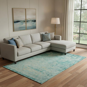 HomeRoots 10' X 14' Teal and Beige Abstract Washable Area Rug - Stylish UV Protected Design for Modern Homes 707551