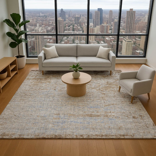 HomeRoots 9' X 12' Taupe and Beige Abstract Area Rug - Washable, UV-Protected, Durable for Homes with Kids & Pets 707556