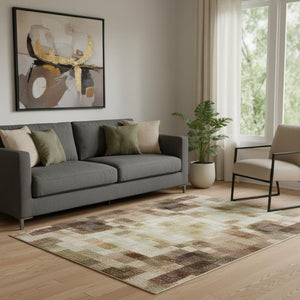 HomeRoots 8' Modern Brown and Beige Abstract Round Rug - Washable, UV-Protected, Durable for High-Traffic Areas 707560