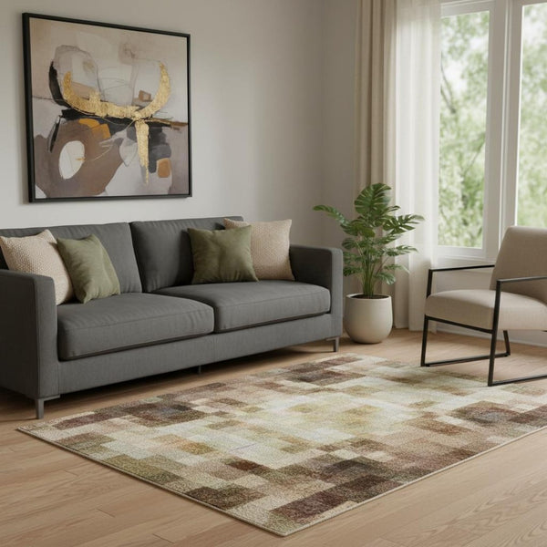 HomeRoots 8' Modern Brown and Beige Abstract Round Rug - Washable, UV-Protected, Durable for High-Traffic Areas 707560