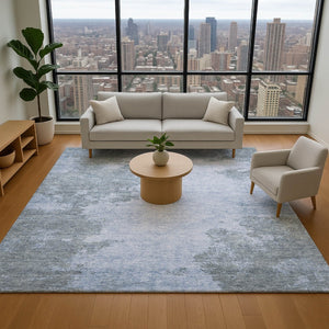 HomeRoots 10' X 14' Blue And Gray Abstract Washable Area Rug – Stain Resistant, UV Protected, Non-Slip Backing 707569