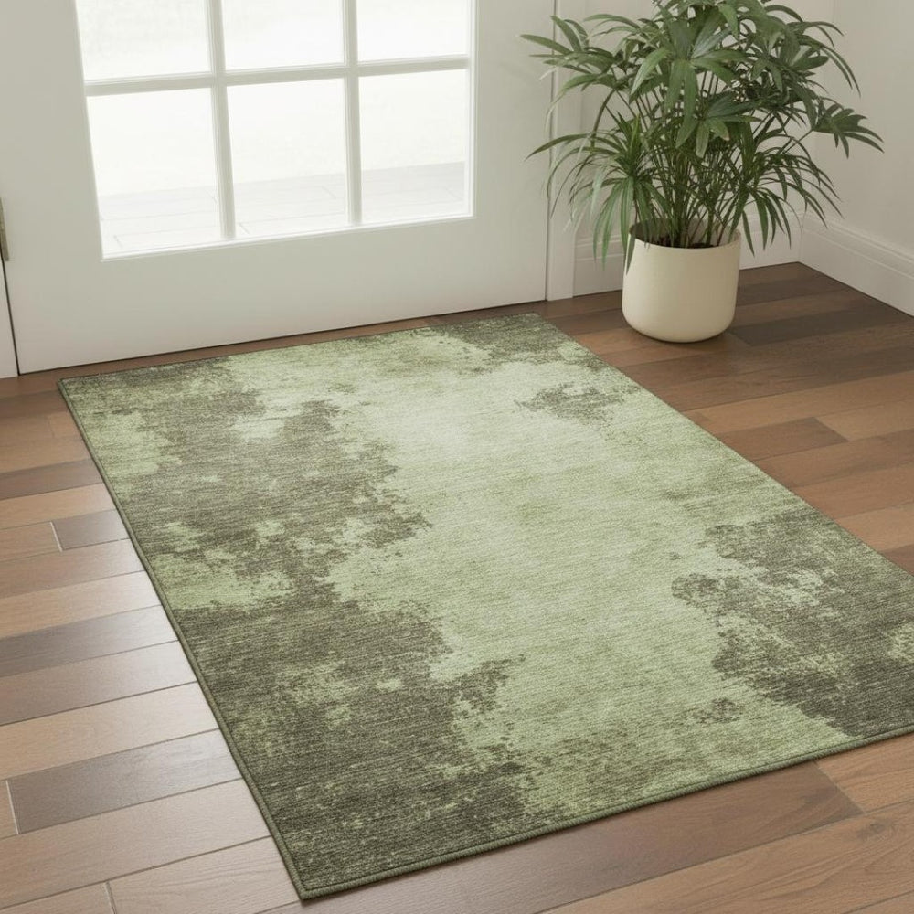 HomeRoots 5' X 8' Olive Green & Beige Abstract Washable Area Rug – UV Protected, Stain Resistant, Modern Design 707571