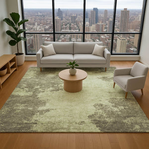 HomeRoots 8' Olive Green & Beige Abstract Washable Round Rug - Stain Resistant, UV Protected, Non-Slip Design 707572
