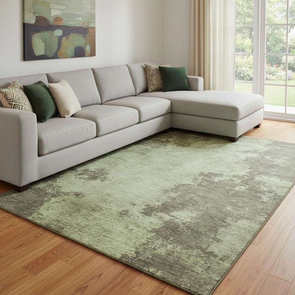 HomeRoots 9' X 12' Olive Green Beige Abstract Area Rug - Washable, Stain-Resistant, UV Protected for Durability 707574