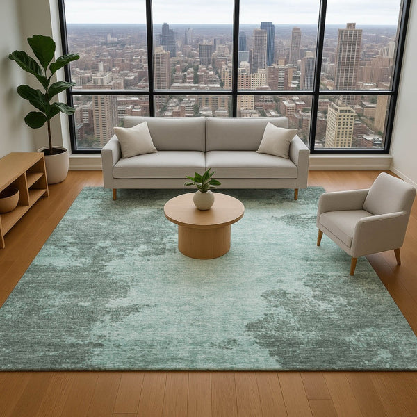 HomeRoots 9' X 12' Teal and Gray Abstract Area Rug - Washable, UV-Protected, Soft, and Stain-Resistant Comfort 707586