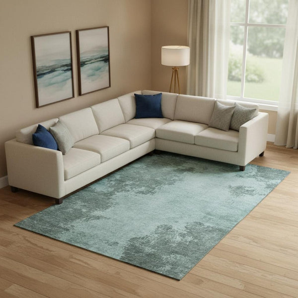 HomeRoots 10' X 14' Teal And Gray Abstract Area Rug - Washable, Stain-Resistant, UV Protected for Modern Spaces 707587