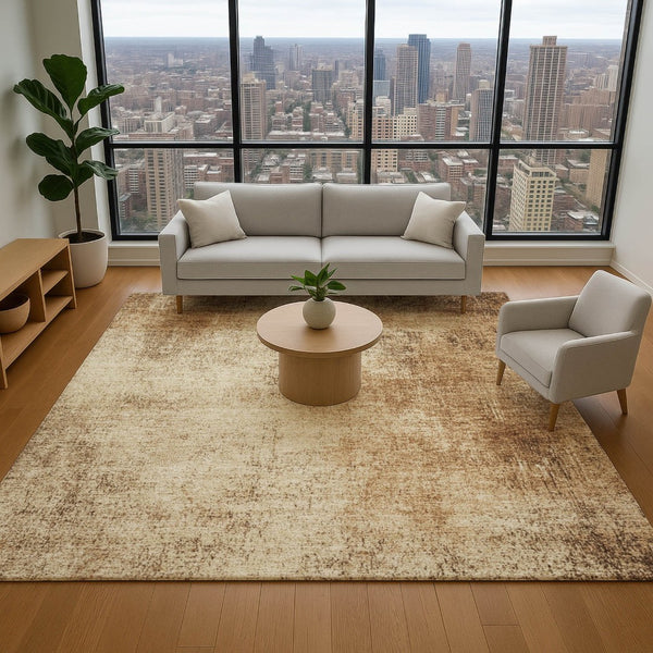 HomeRoots 5' X 8' Beige and Brown Abstract Area Rug - Washable, UV Protected, Stain-Resistant for Busy Homes! 707589