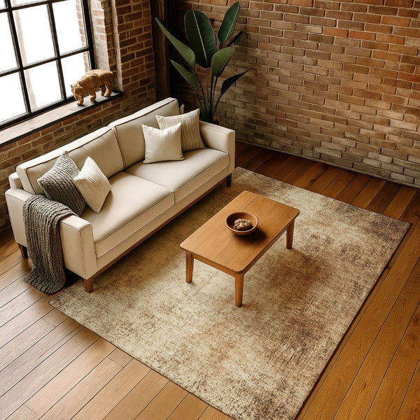 HomeRoots 5' X 8' Beige and Brown Abstract Area Rug - Washable, UV Protected, Stain-Resistant for Busy Homes! 707589
