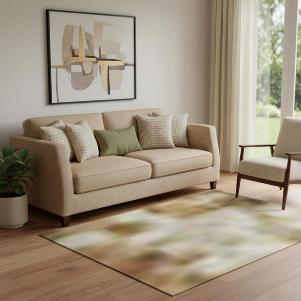 HomeRoots 8' Abstract Washable Round Rug in Beige & Brown - UV Protected, Stain Resistant, Ideal for Busy Homes 707590
