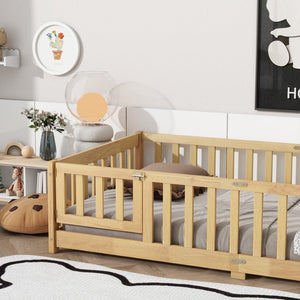 English Elm Twin Low Profile Rubberwood Floor Bed with Full Safety Fence for Toddler Rooms Natural W504P429273