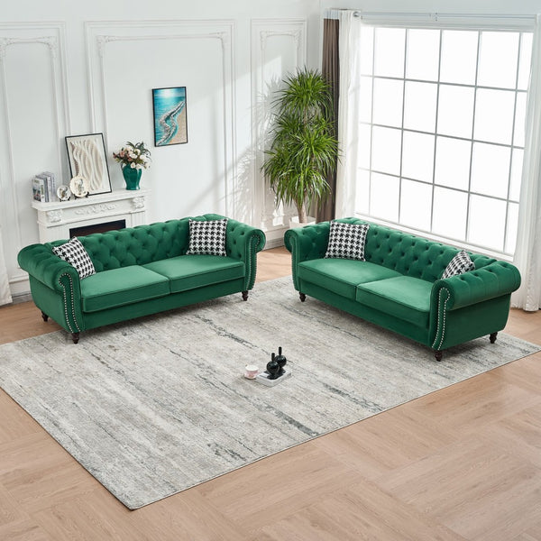 English Elm 3 Seater Chesterfield Velvet Sofa Tufted Roll Arms Brass Nailhead Mid Century Style Green W3373S00067