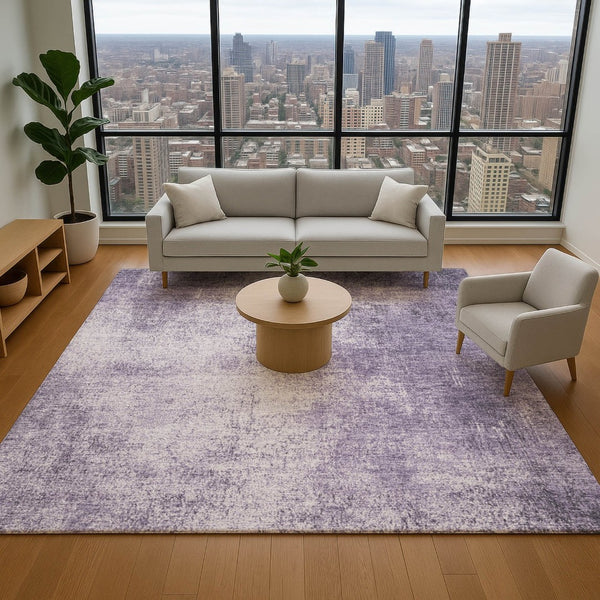 HomeRoots 8' Lavender and Gray Abstract Washable Round Rug - Durable, UV Protected, Ideal for Busy Homes! 707608