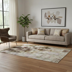 HomeRoots 8' Taupe and Beige Abstract Washable Round Rug - Durable, Stain-Resistant with UV Protection, 8ft 707614